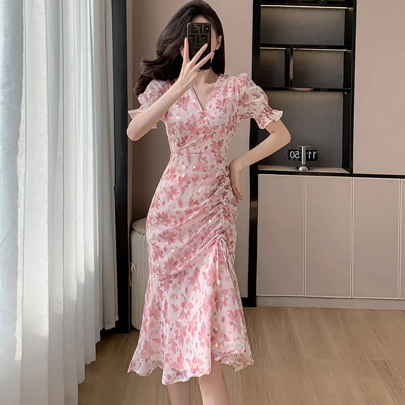 2024 Pink Floral Chiffon Sequins Prom Clothes Women Short Sleeve V-Neck Casual