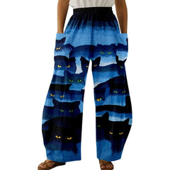 Length Wide Leg Pants with Cute Kitty Cats Graphics