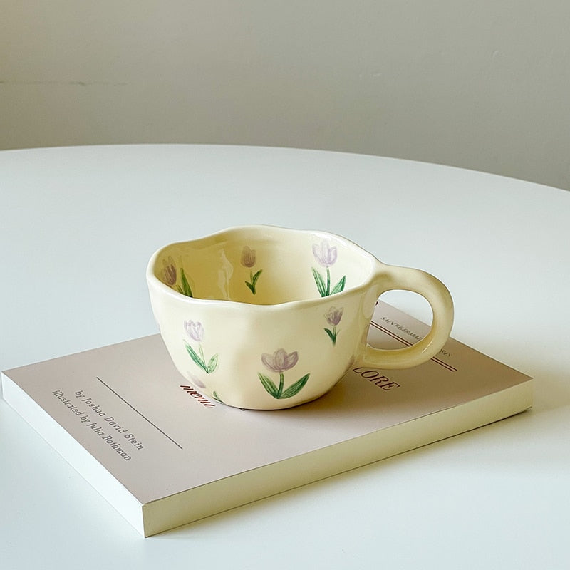 Ceramic Mugs Coffee Cups Hand Pinched Irregular Flower Milk Tea korean style