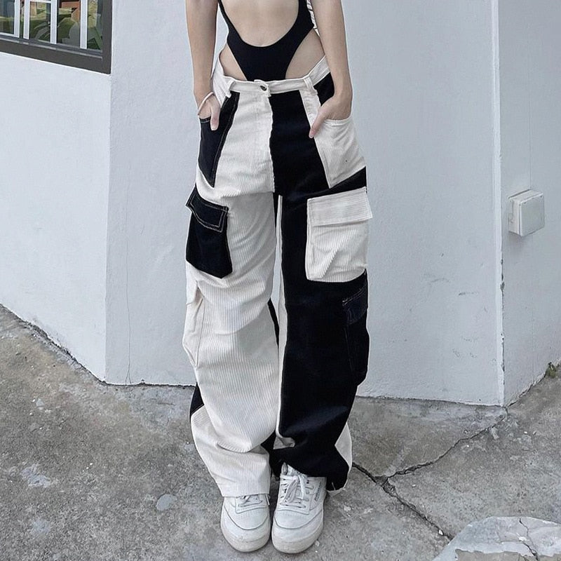 Corduroy Cargo Pants for Women High Waist Street Trend with Multi Pocket Design