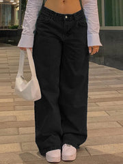 Low Waist Jeans Women Baggy Jeans New Fashion Straight Leg Pants Y2k Denim Vintage Loose Blue
