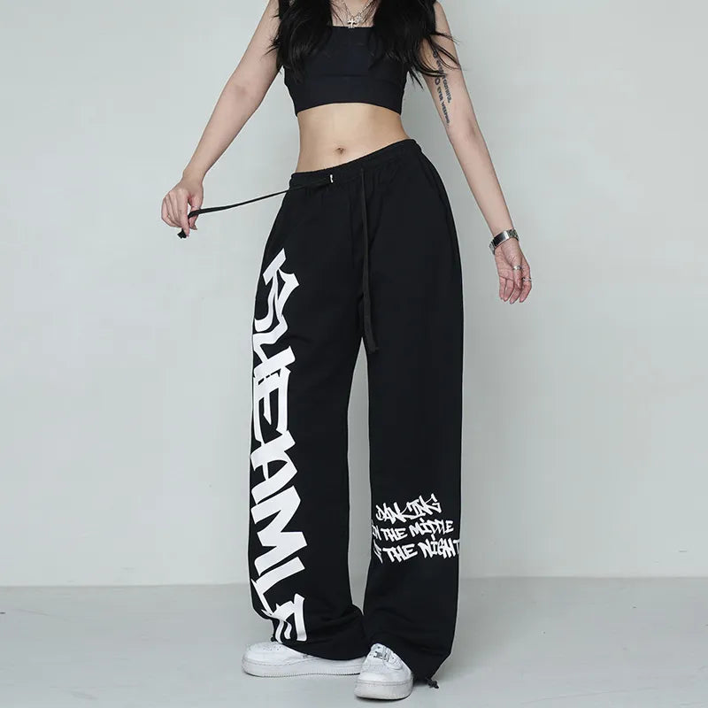 Autumn Streetwear Sweatpants Women Korean Style Letter Print Black Track Pants Oversized