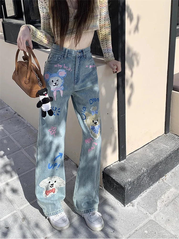 2024 New Straight Cartoon Graffiti Printed Wide Legged Jeans Women's Y2k Loose