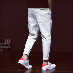 Ripped White Denim Distressed Mens Pants Cowboy Holes