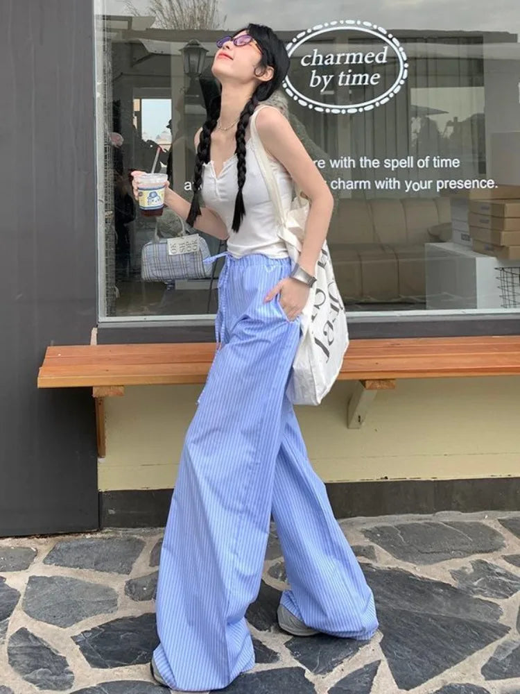 Y2K Blue Striped Wide Legs, Vintage High-Waist Pants