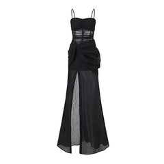 Chic Black Mesh Long Dress Ruched Details for a Sexy