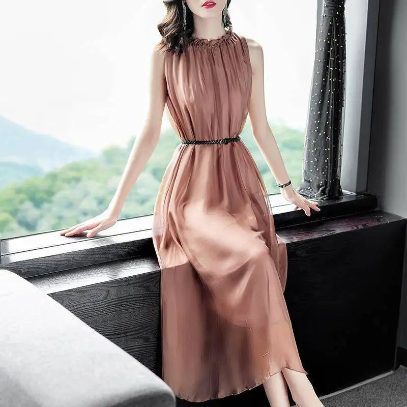 Solid Color Chiffon Dress for Women's Summer New Waistband Style Slimming