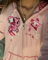 Spring Autumn Print Women's Vintage Hoodie Zip Up Tops