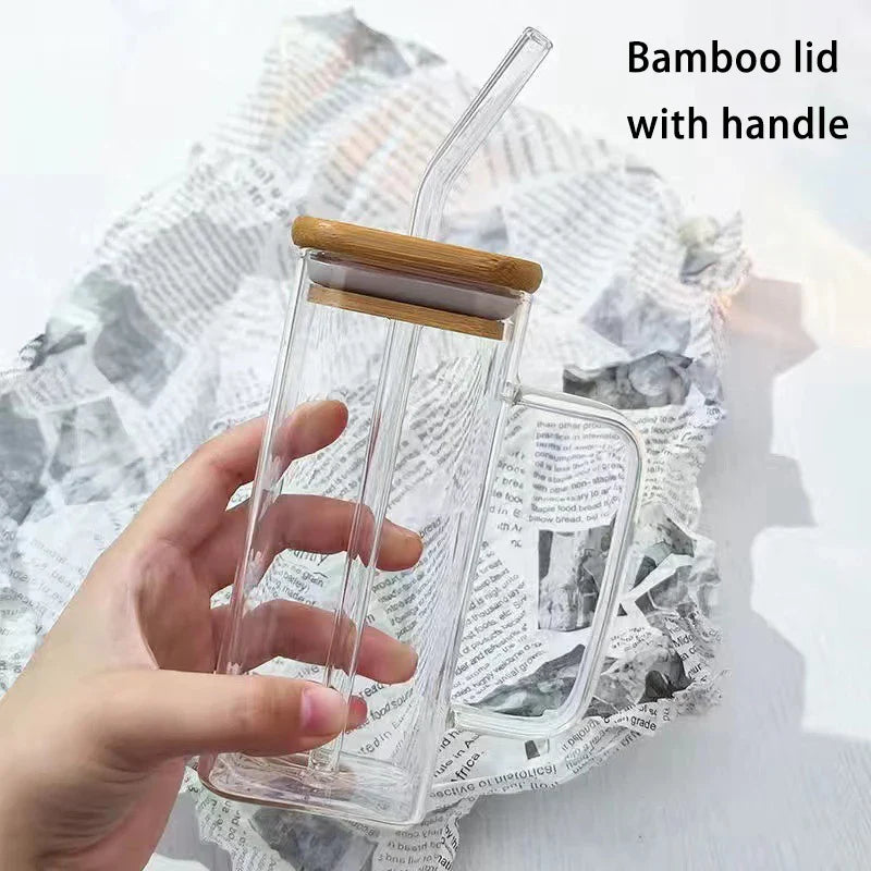 Square Glass Cup with Lid and Straw Heat Resistant for Juice
