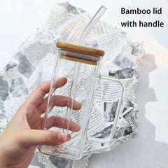 Square Glass Cup with Lid and Straw Heat Resistant for Juice