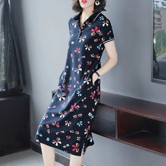 Lapel Button Pockets Printing Casual Dresses Women's