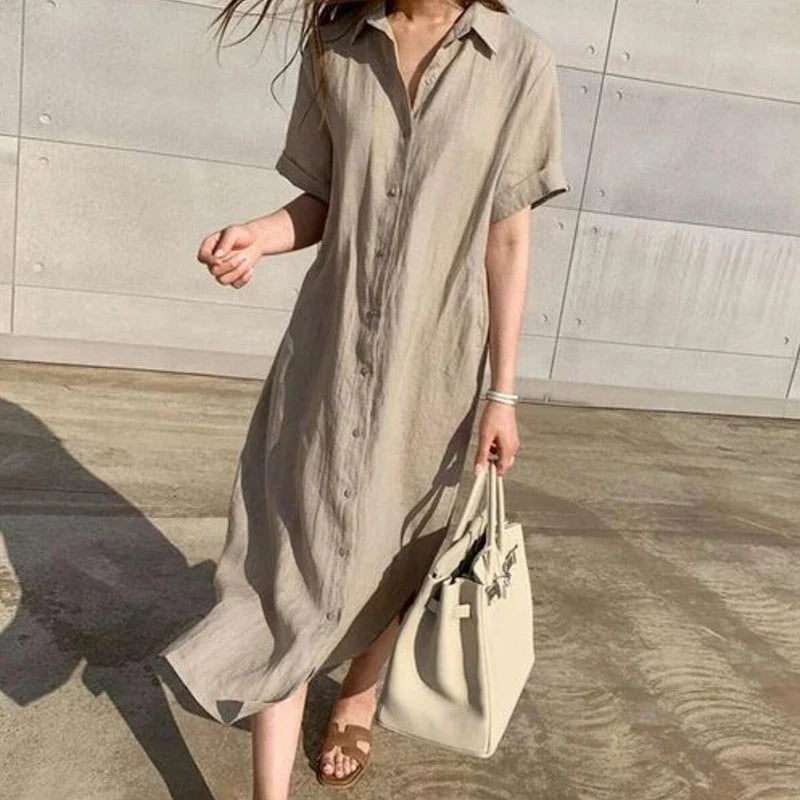 Summer Cotton and Linen Long Dress Polo Neck