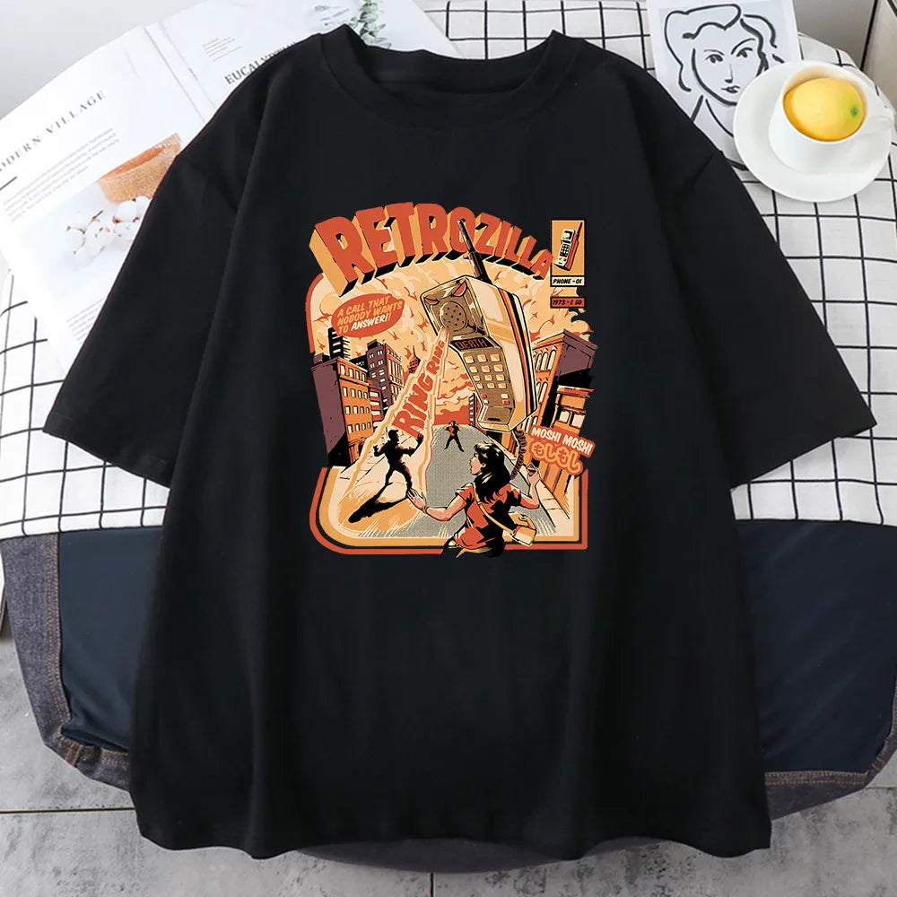 Retro Phonezilla Creativity Printed Cotton T-Shirts Vintage Personality Street