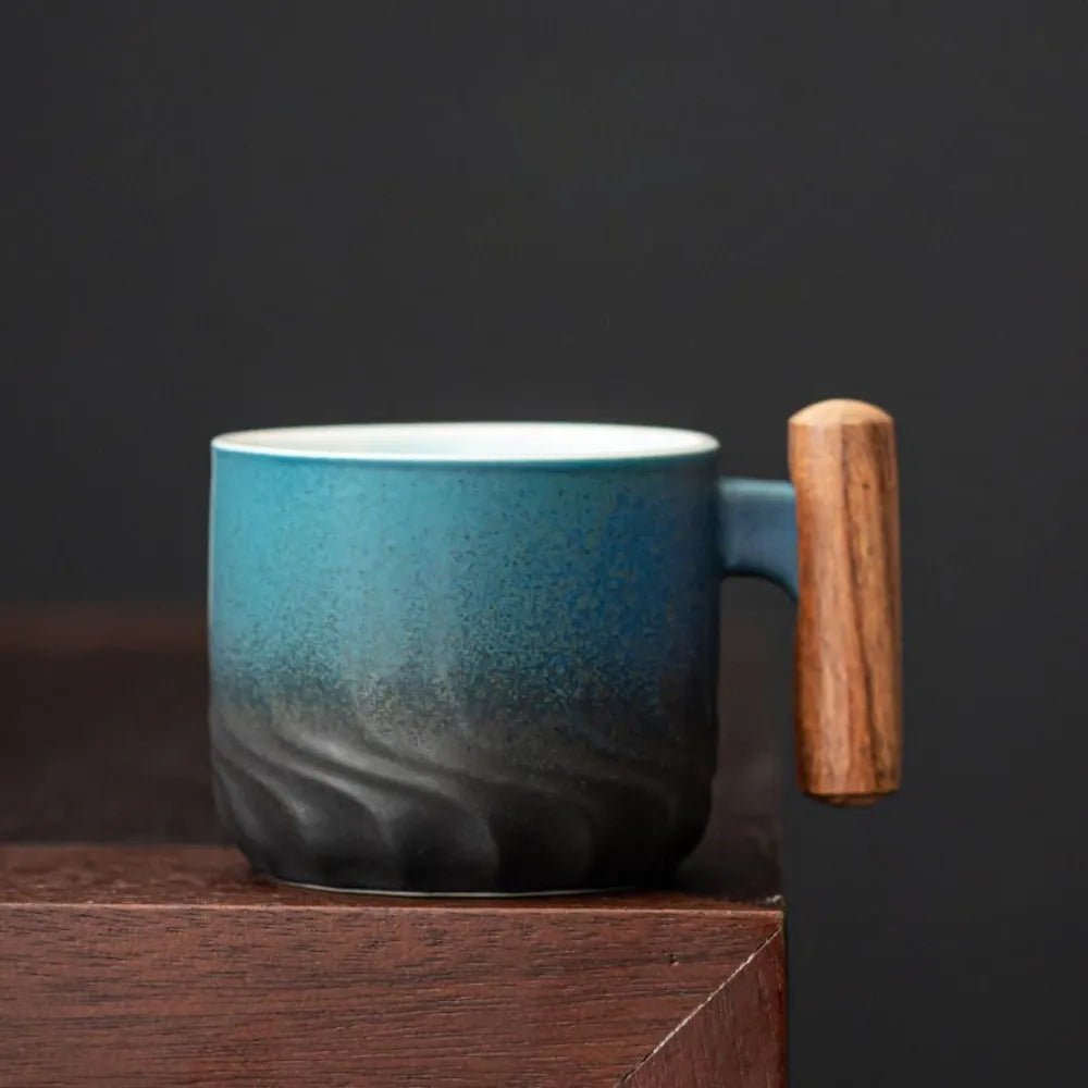 Ceramic Retro Coffee Cup Filter Mug Wooden Handle
