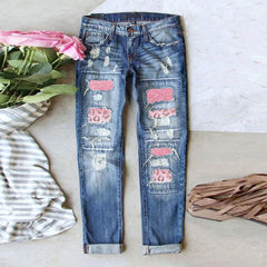 Women's Wide Leg Jeans with Ripped Hole, Plaid Patch, Patchwork, and Cargo Elements