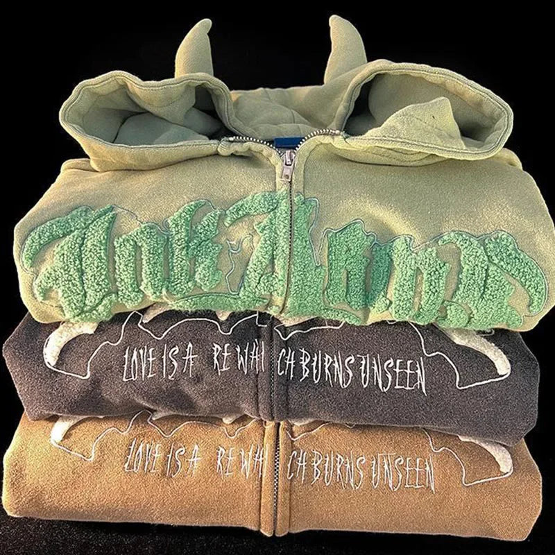 Y2K Letter Embroidered Hoodie Women Autumn Winter Vintage Zip Up