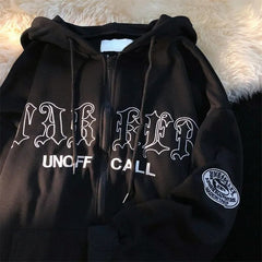Women's Retro Oversized Loose Zipper Hoodie for Autumn and Winter - Letter Embroidery Pattern