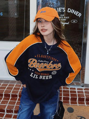 Preppy style contrasting sweatshirts American vintage patchwork pullover top sporty