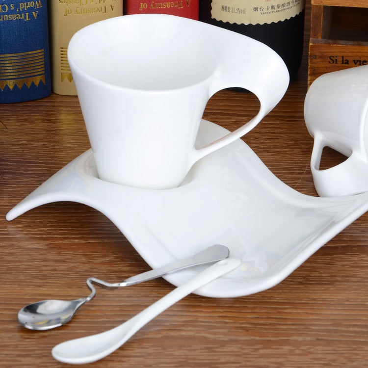 Creative Wavy Espresso Cup Saucer Set Mug Ceramic White