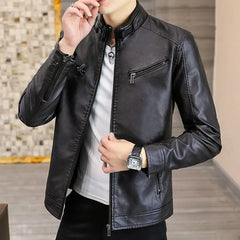 Cotton PU Leather Jacket Autumn Winter Stand Collar Men Loose Casual Zipper Coat