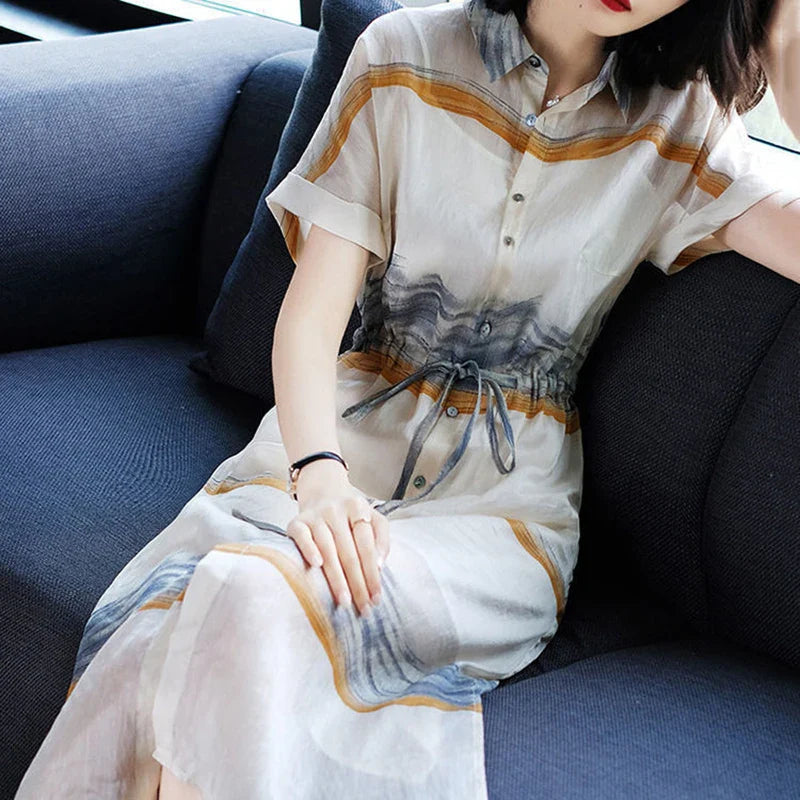 Striped Shirring Bandage Shirt Office Lady Dress 2024 Summer
