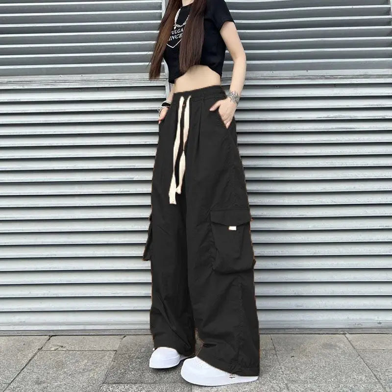 Streetwear Women Oversize Solid Cargo Pants Elastic Waist Drawcord Loose Harajuku Hip Hop Casual