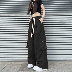 Streetwear Women Oversize Solid Cargo Pants Elastic Waist Drawcord Loose Harajuku Hip Hop Casual