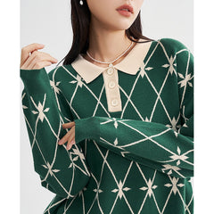 Sweaters woman Long Sleeves Polo Neck with  Green Casual Chic Tops