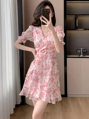 2024 Pink Floral Chiffon Sequins Prom Clothes Women Short Sleeve V-Neck Casual