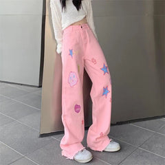 Japanese Inspired Cartoon Jeans for Women: High Waist, Wide-leg Fashion, Ideal for Spring and Summer