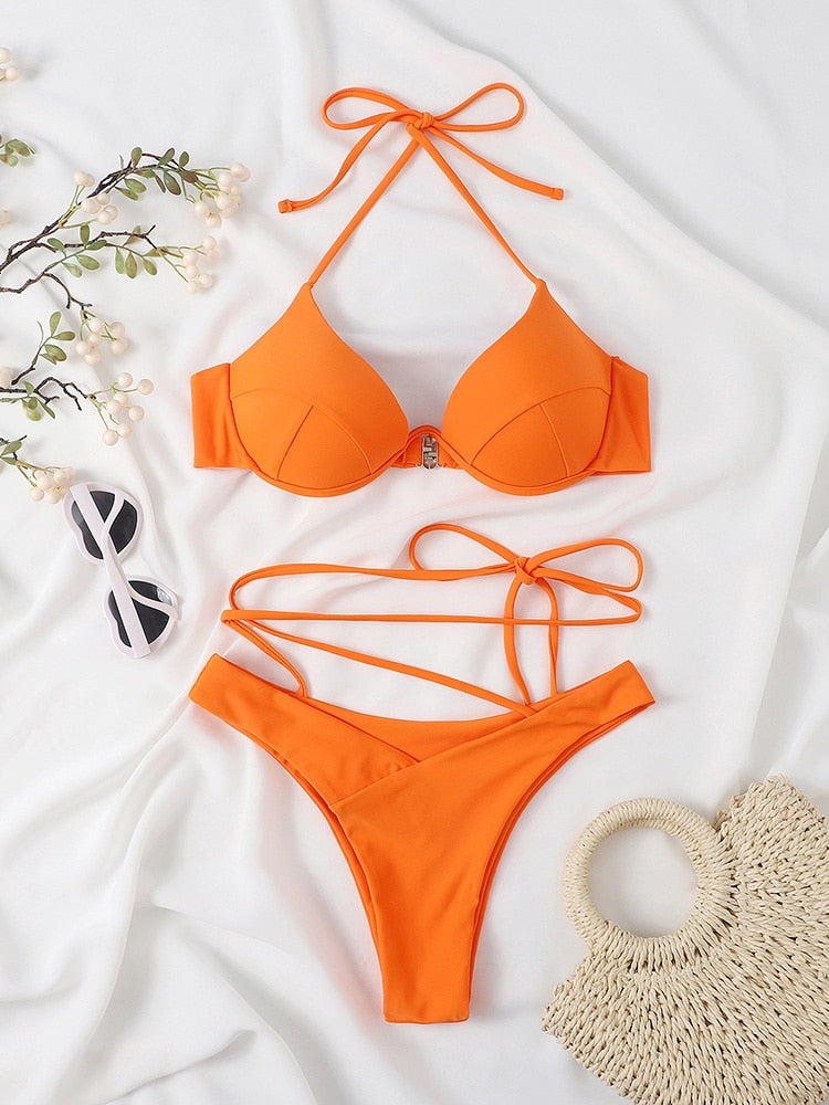 Bikini Solid Color Swimsuit Push Up Bikini Sets Bandage