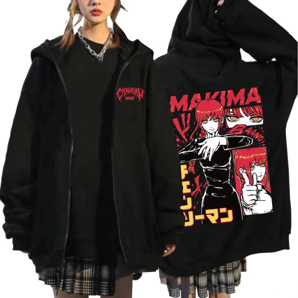 Japan AnimeHooded Makima Funny Print Zip Up Sweatshirt Harajuku Warm Zipper Jacket