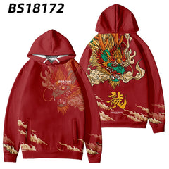 Men Streetwear Harajuku Pullover Anime Flame Dragon Printed Hoodie Pocket Fleece