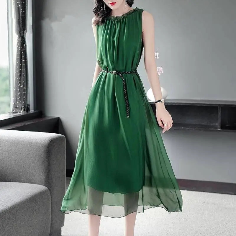 Solid Color Chiffon Dress for Women's Summer New Waistband Style Slimming