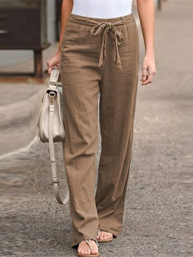 Cotton and Linen Wide-Leg Pants Elastic Waist Minimalist Style"