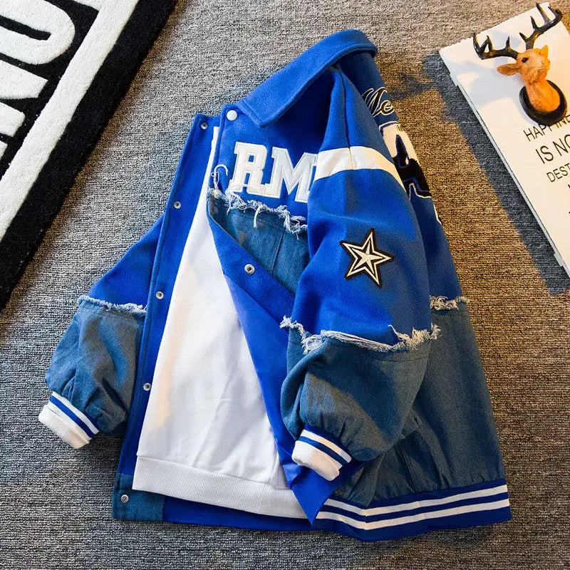 Spring 2024 Personalized Men's Baseball Jacket - American Retro Denim Style