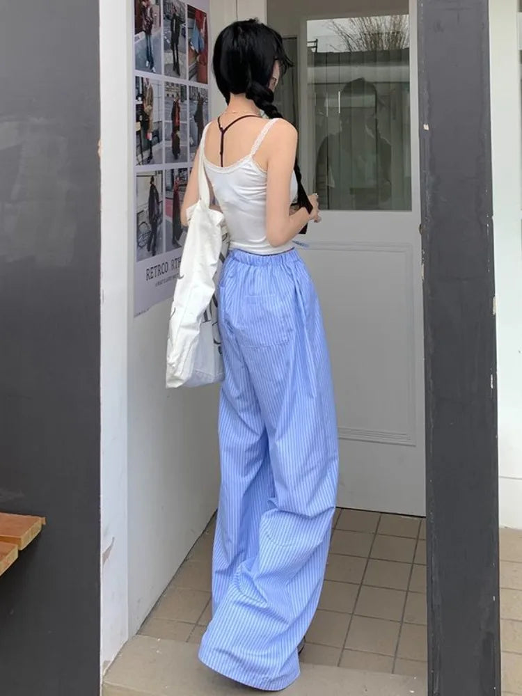 Y2K Blue Striped Wide Legs, Vintage High-Waist Pants