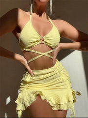 Bikini Women Solid Halter Ring Linked Criss Cross Cover Up 3 Piece Swimsuit 2024