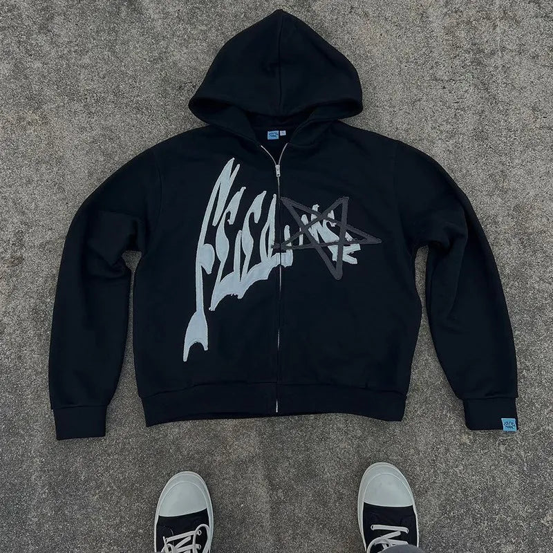 Men's Letter Print Zip-Up Hoodie Casual Oversized