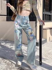 2024 New Straight Cartoon Graffiti Printed Wide Legged Jeans Women's Y2k Loose