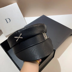 Black Leather Flat Top Baker Boy Hat