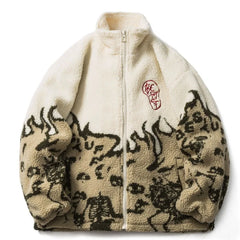 Japanese Lambswool Flame Patchwork Parka Jacket for Women Thicken Winter