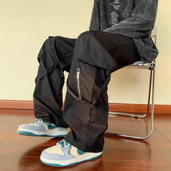 Streetwise Green Men Oversize Zipper Cargo Pants for Hip Hop Style