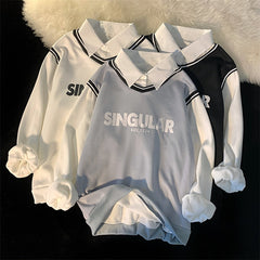 Women's Sweatshirts Preppy Style Fleece Pullover: Full Sleeve Length, Letter Pattern, Cotton-Polyester Blend, Loose Fit, Turn-down Collar