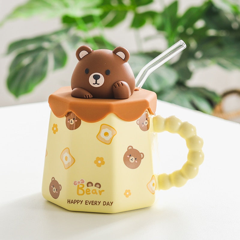 Cartoon Ceramic Mug With Lid and Spoon Creative
