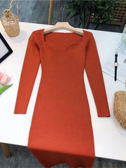 Stay Cozy and Stylish with Our Ribbed Square Neck Knitted Dress - Perfect for Streetwear