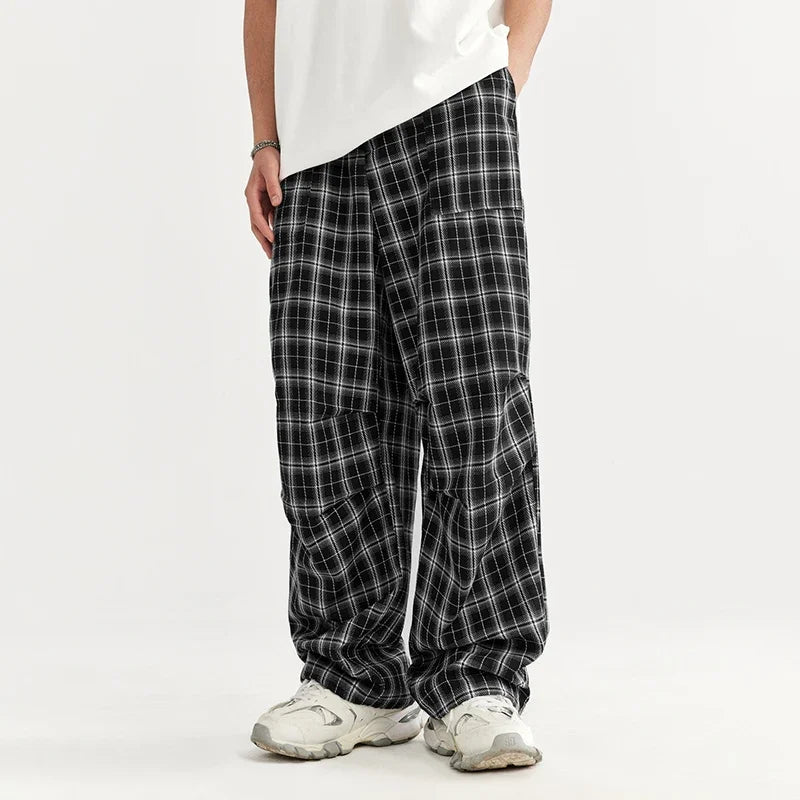 Men Black White Plaid Pants Hip Hop Drawstring Trousers Loose Straight Pants
