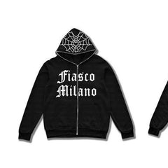 Men's Spider Web Letter Print Full Zip Hoodie Streetwear