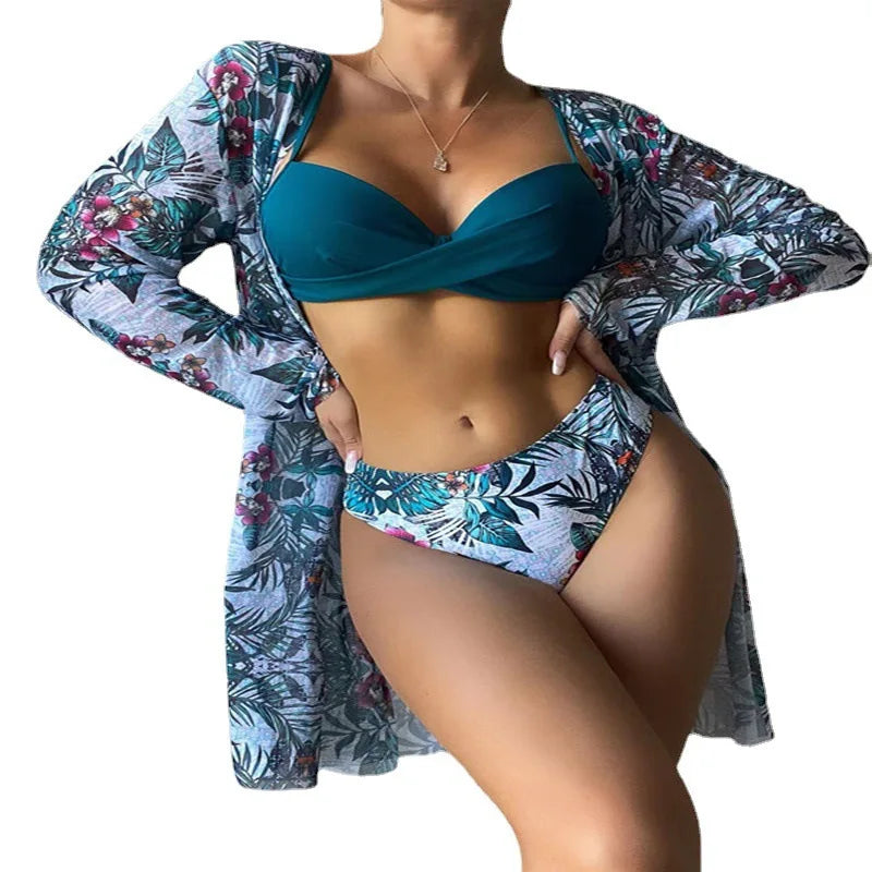 2023 Sexy Floral Print 3-Piece Bikini Set with Long Sleeve Cover-Up