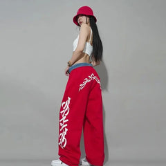Red Alphabet Loose Drawstring Pants American Street Hip Hop Style